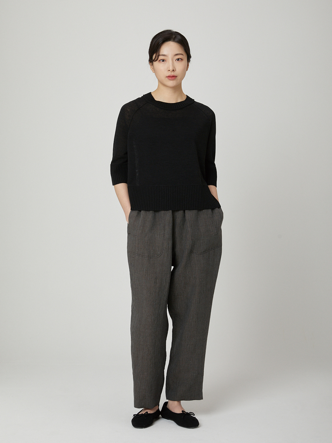 LINEN CHECK STRAIGHT WIDE PANTS