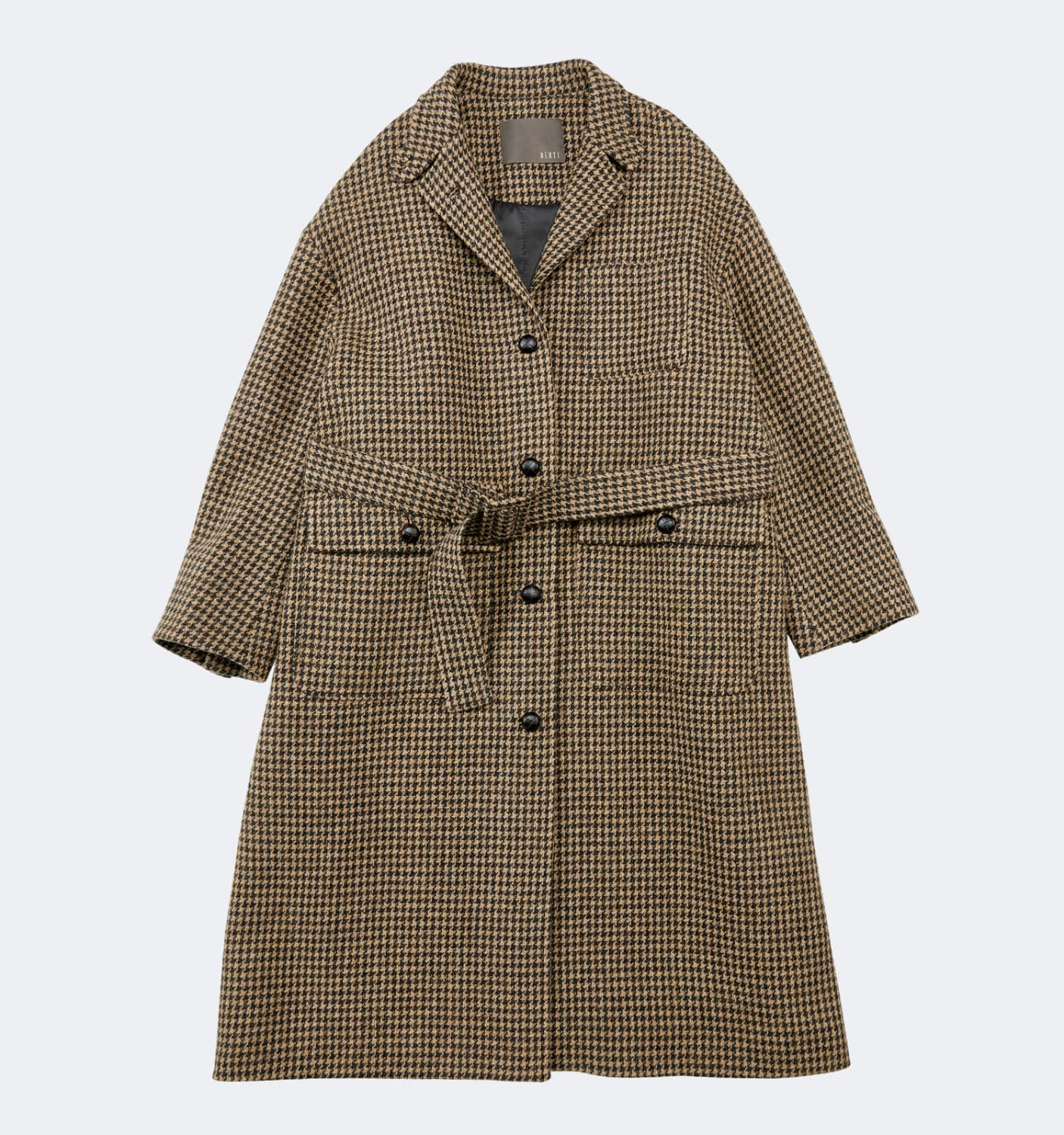 LEATHER BUTTON BELT CHECK WOOL COAT
